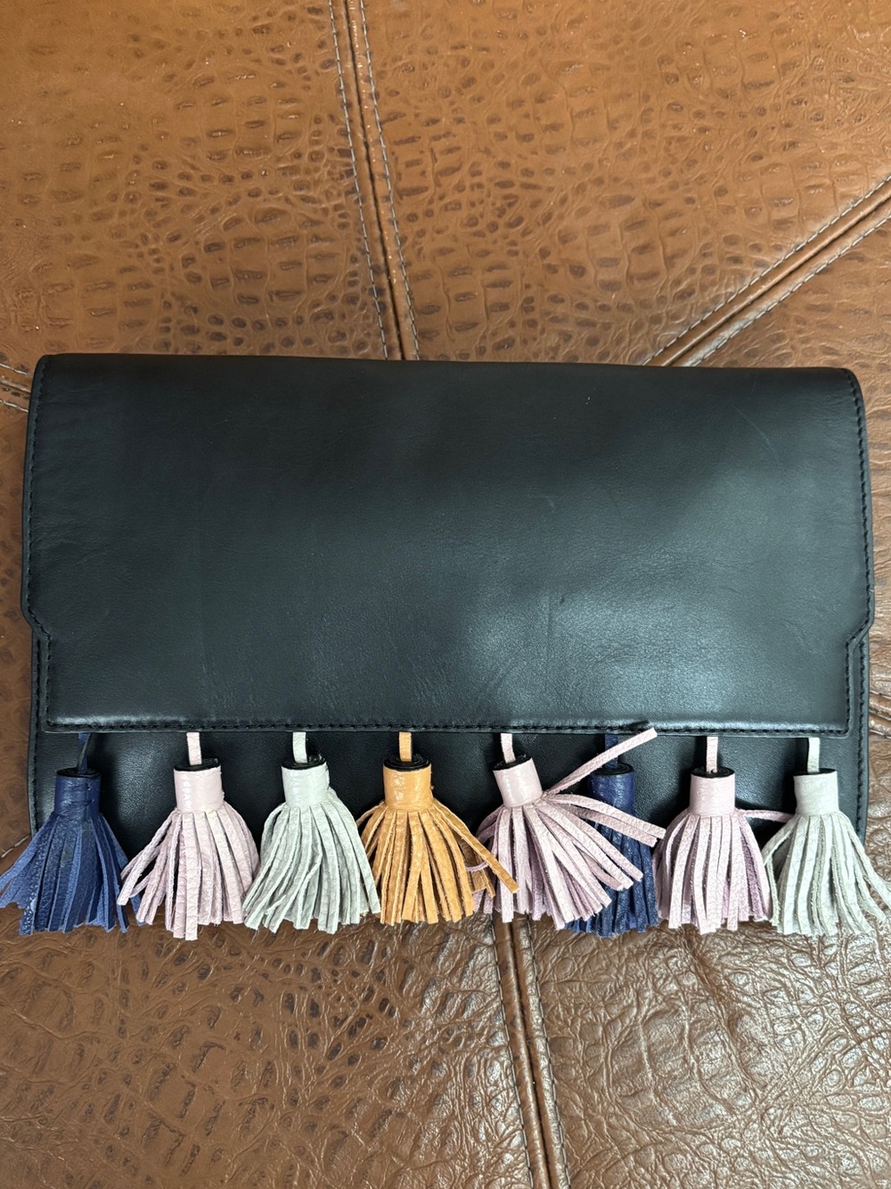 Rebecca Minkoff Sofia Tassel Black Leather Magnetic Snap Clutch